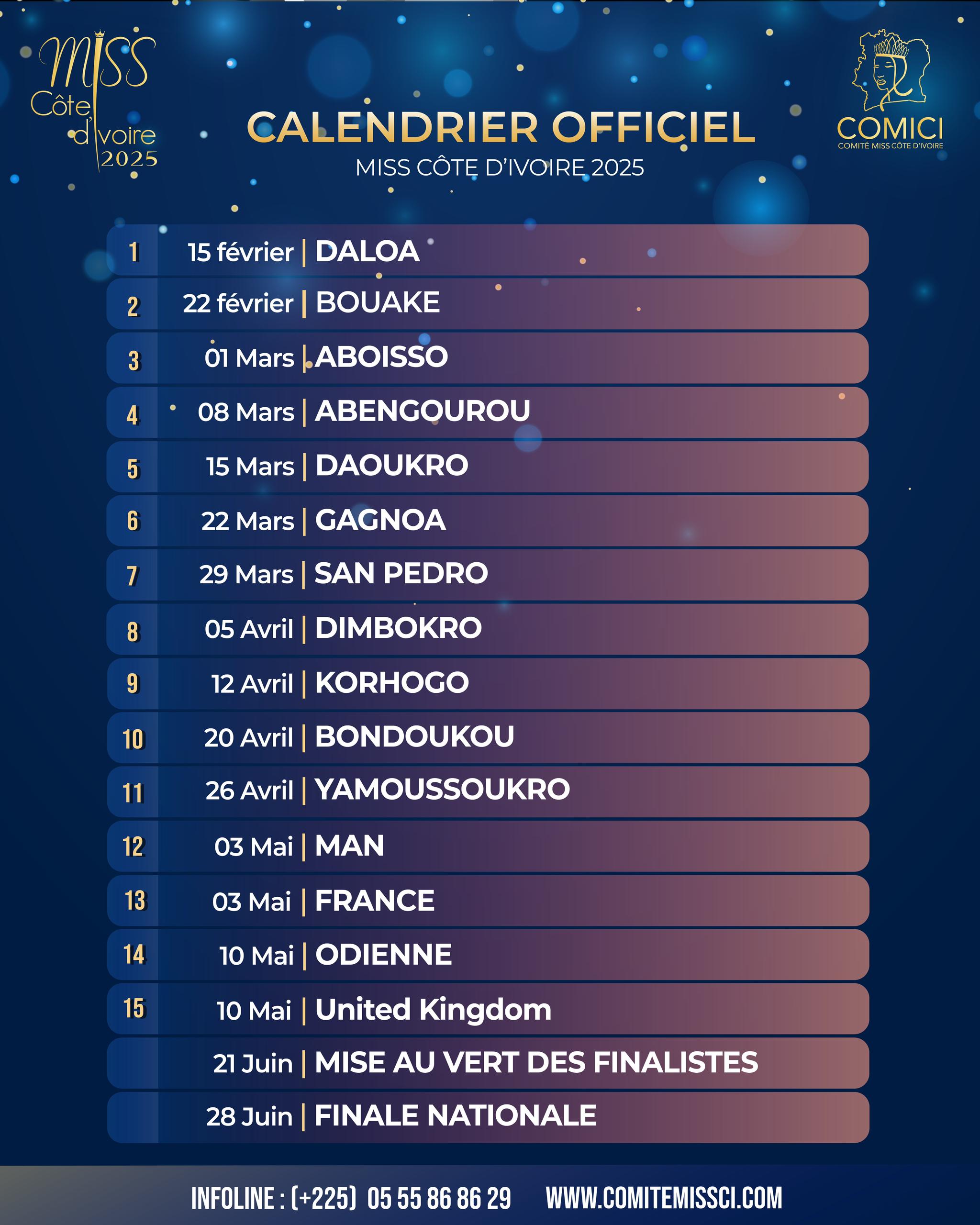 Agenda des présélection Miss Cote d'ivoire 2025
